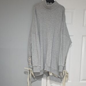 Free People Light Gray Turtleneck Sweater with Ribbon Ties